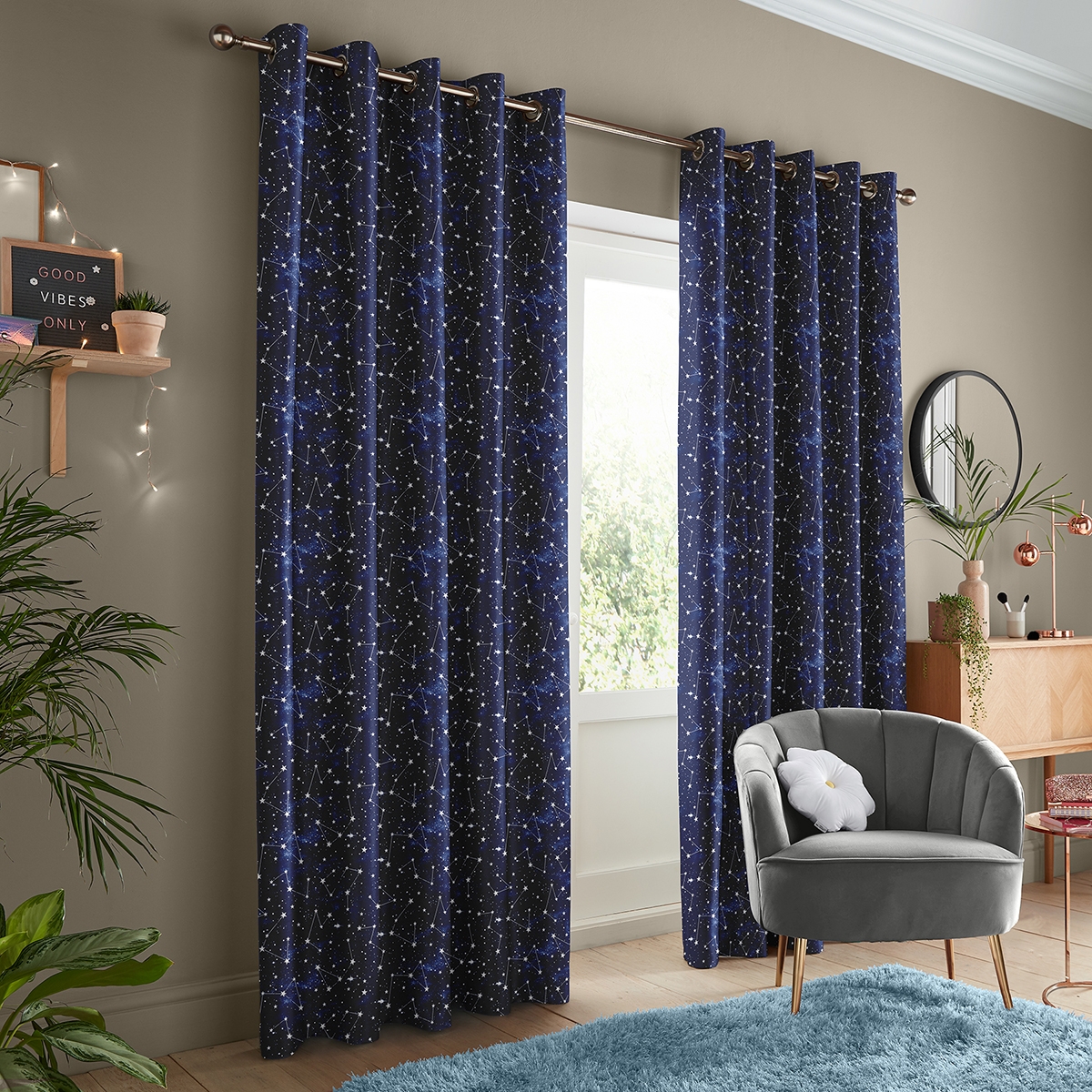 Product photograph of Skinny Dip Star Print Blue Curtain from Choice Furniture Superstore.